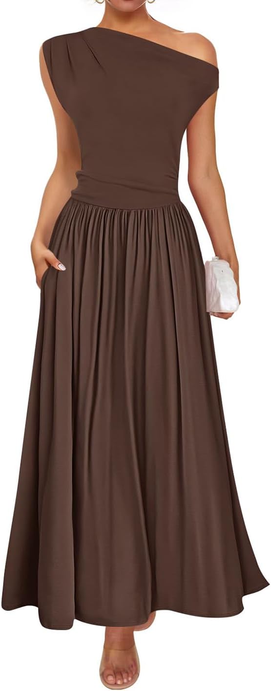 ZESICA Women's Summer Maxi Dress with One Shoulder Design