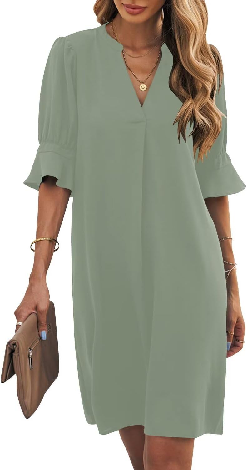 Wkior Shift Dress for Women V Neck Short Sleeves Casual Style