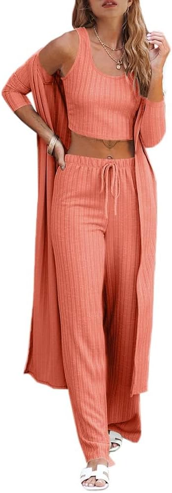 Womens 3 Piece Lounge Sets Pajamas Knit Cardigan and Pants