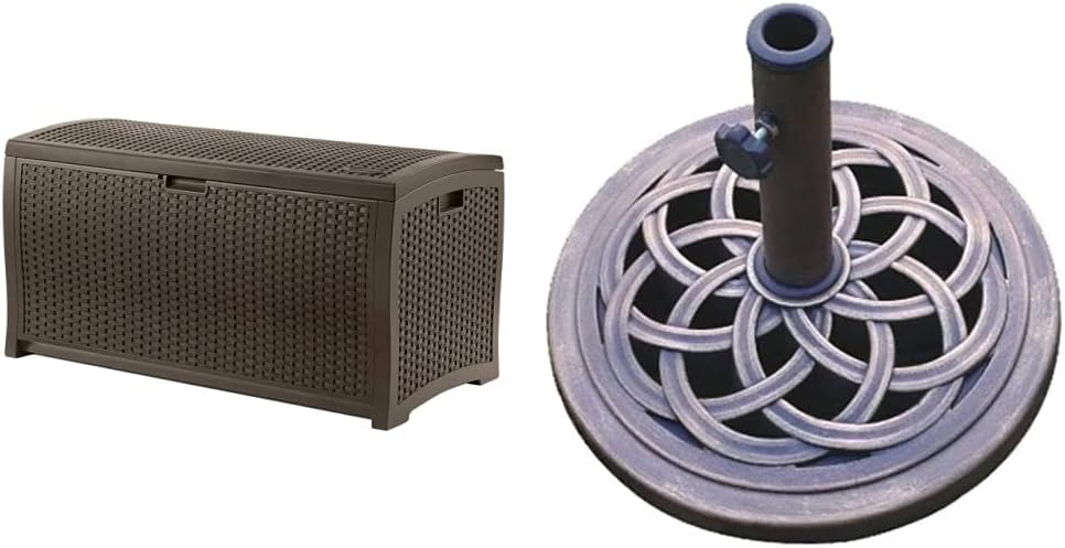 Suncast 99 Gallon Wicker Deck Box and DC America Umbrella Base