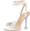 Yolkomo Square Toe Clear Heels with Rhinestone Bow - Chic 4in
