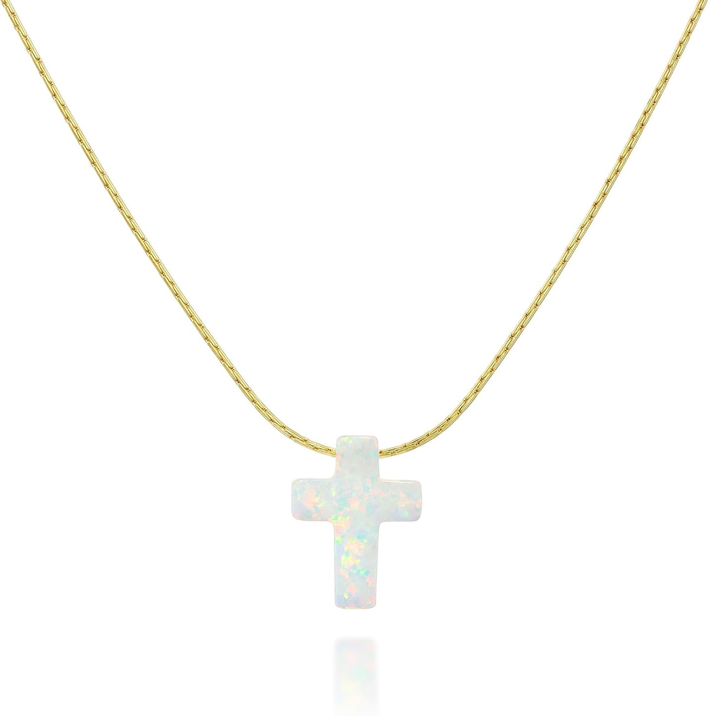 White Opal Cross Dainty Gold Filled Choker Necklace for Elegance