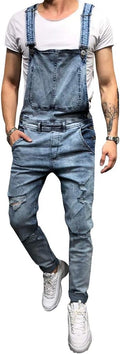 LONGBIDA Men's Denim Bib Overalls Slim Fit Jumpsuit with Pockets