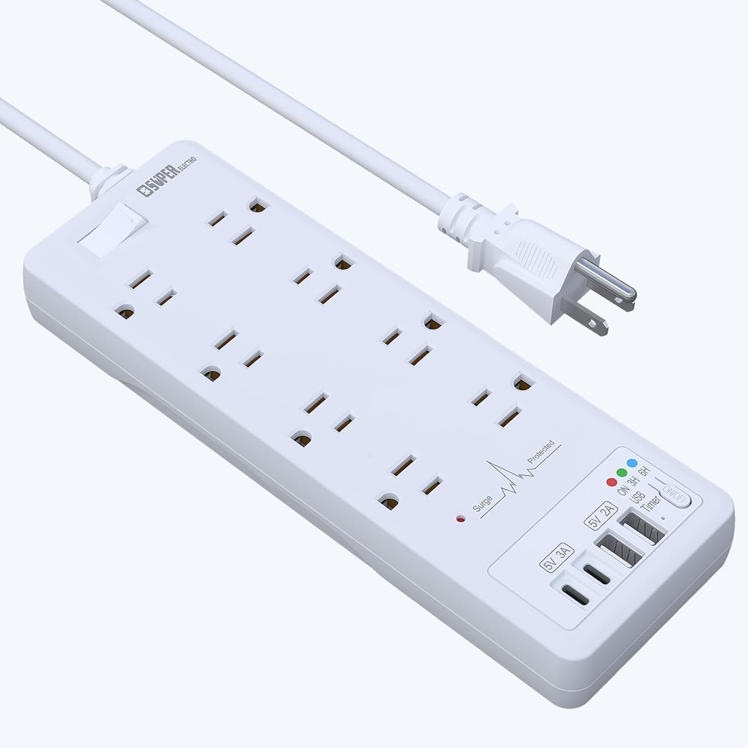 Super Electro Power Strip: 8 Outlets + USB Ports, ETL Listed