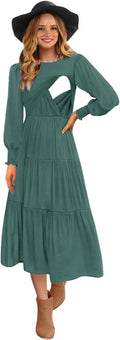 Womens Flutter Long Sleeve Smocked Tiered Nursing Dress (Style QQ88)