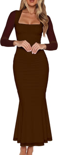 BORIFLORS Women's Ruched Mesh Long Sleeve Maxi Dress - Square Neck