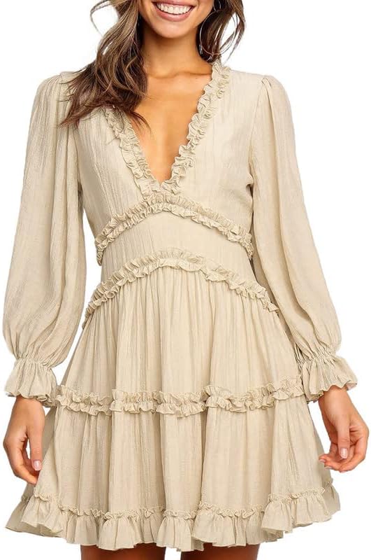 Dokotoo Womens Deep V Neck Ruffle Long Sleeve Mini Dress