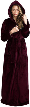 Long Hooded Flannel Fleece Robe for Women - Full Length Warm Bathrobe
