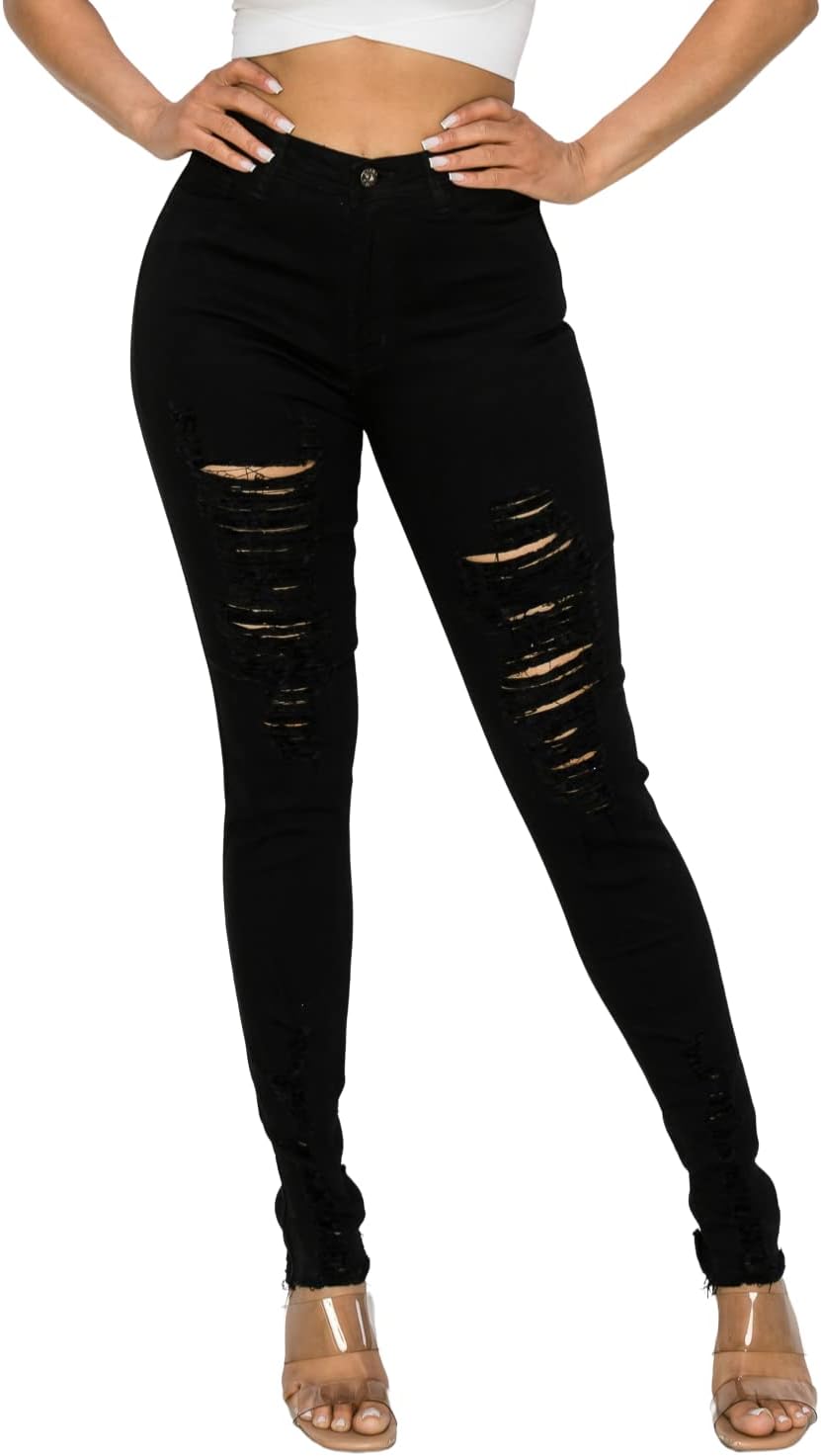 High Waisted Stretch Skinny Ripped Distressed Jeans for Women