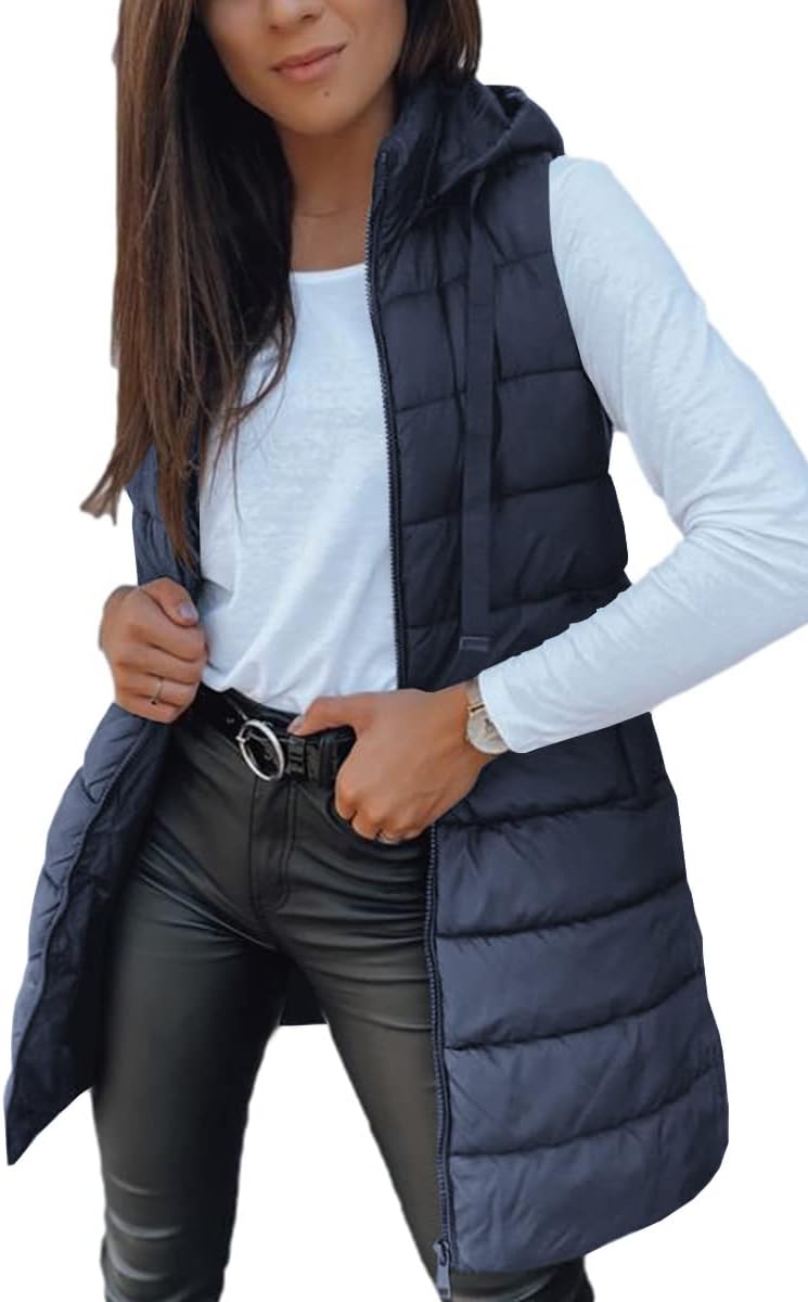Stylish Long Vest for Women - Sleeveless Hooded Puffer Design