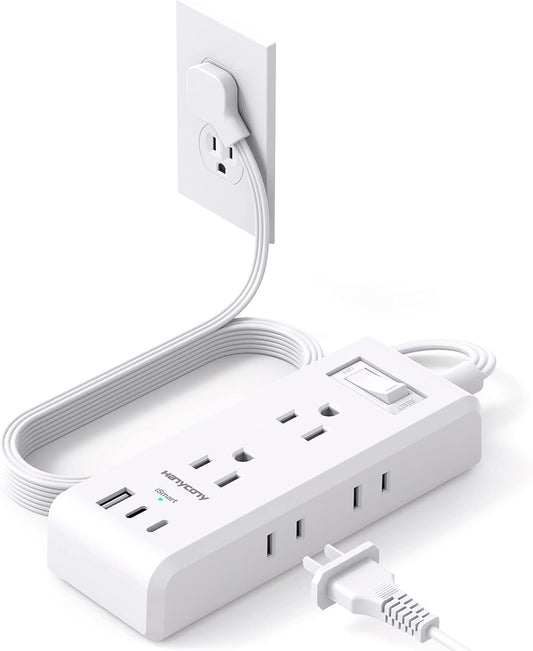 HANYCONY Ultra Thin Power Strip: 6 Outlets, 3 USB Ports, Flat Plug, 5ft Cord - Versatile & Compact!