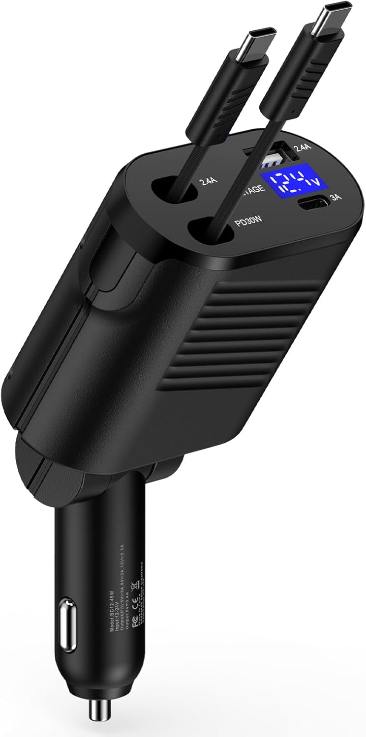 ABCPOW 4-in-1 Fast Car Charger for iPhone & Samsung - 45W Dual C Cable