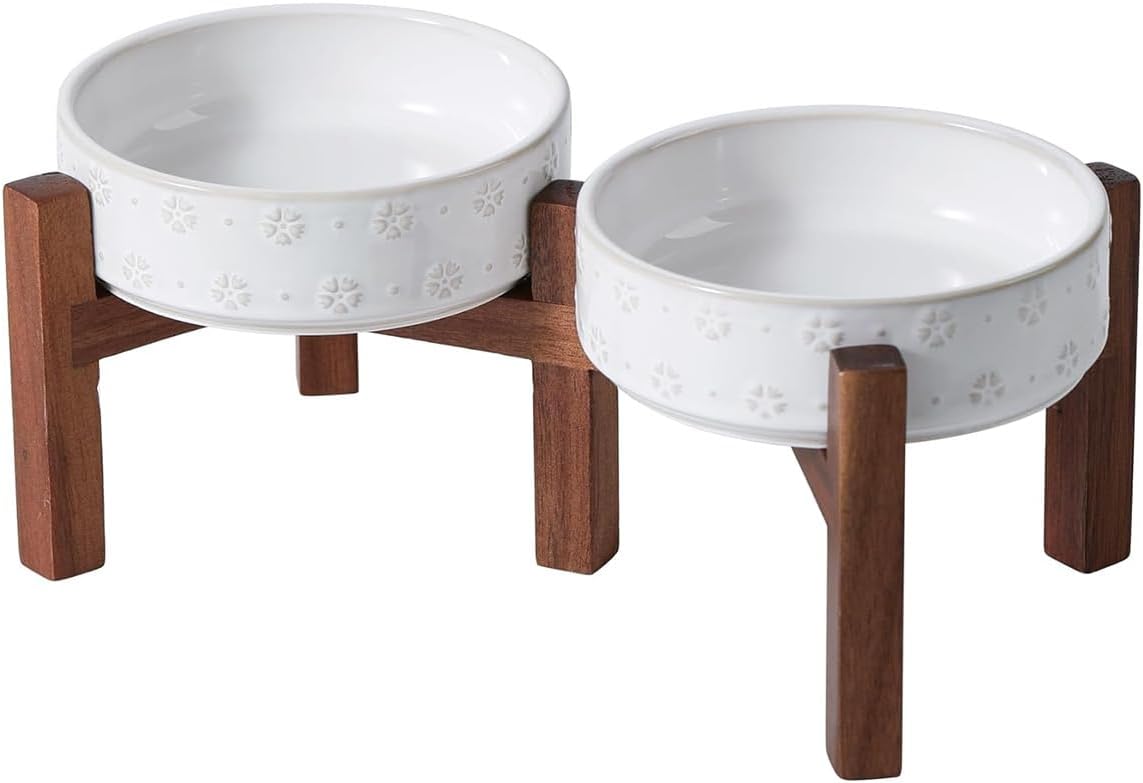 Elevated Ceramic Dog Bowl Set with Acacia Wood Stand for Pets