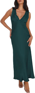 Summer Satin Lace V Neck Backless Wedding Guest Maxi Dress