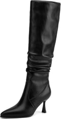 Knee High Boots Women Kitten Heel Faux Leather Pointed Toe - Stylish