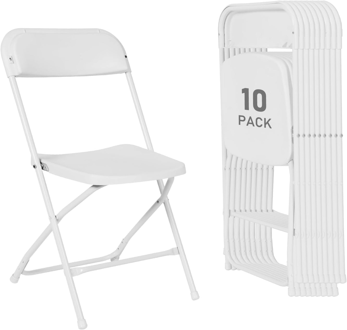 Portable Stackable White Folding Chairs - 350lbs, 10-Pack