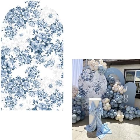 Blue Floral Arch Backdrop Cover for Baby Shower and Events