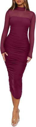 REORIA Women's Mesh Long Sleeve Midi Ruched Bodycon Dress - Elegant is