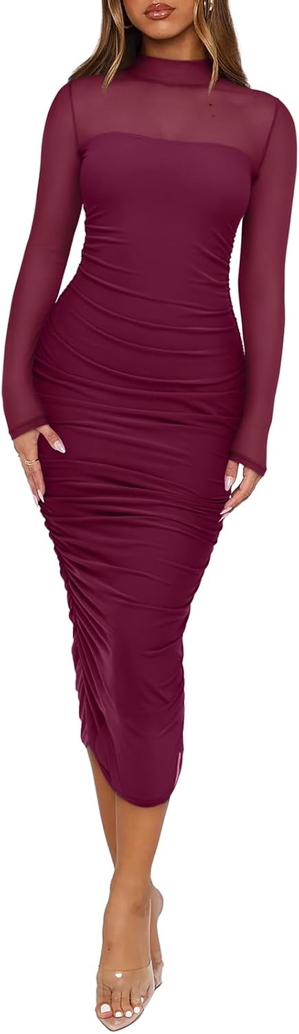 REORIA Women's Fall Mesh Long Sleeve Midi Ruched Dress for Parties