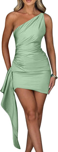 Memoriesea Women's One Shoulder Ruched Satin Bodycon Mini Dress