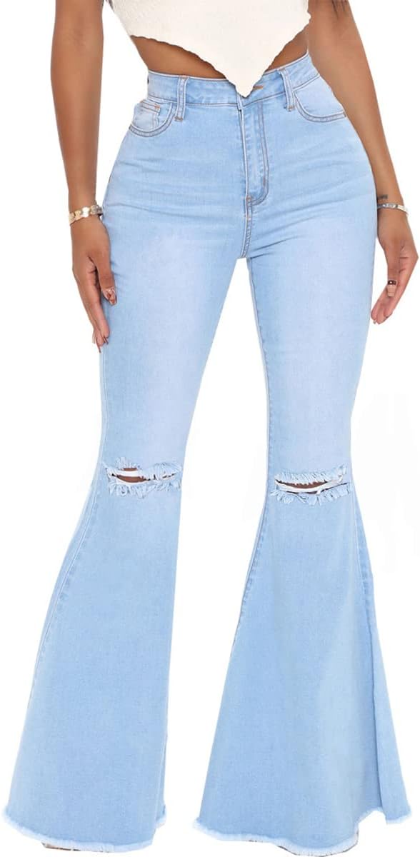 Ripped High Waisted Bell Bottom Jeans for Women Flared Denim