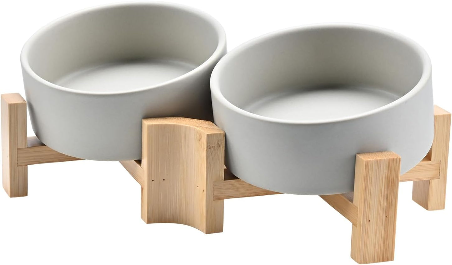 SPUNKYJUNKY Slanted Ceramic Dog and Cat Bowl with Wooden Stand