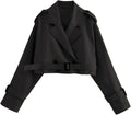 Womens Cropped Bike Jacket Trench Coat with Belt - Casual Crop Style