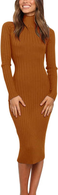 MEROKEETY Ribbed Long Sleeve Sweater Dress Midi - Flattering Winter