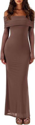 REORIA Women Off Shoulder Long Sleeve Mesh Dress - Elegant Curve Fit