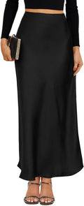 VividMosaic Satin High Waisted Maxi Skirt - Smooth A-Line Comfort