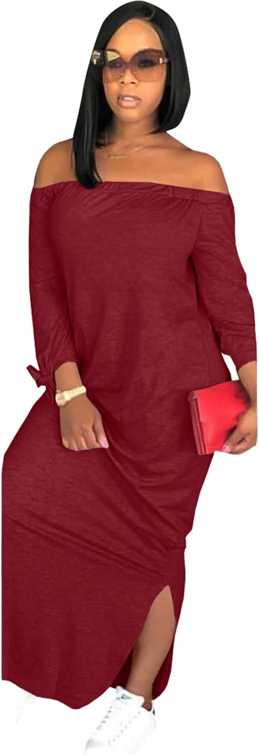 OLUOLIN Women's Off Shoulder Long Sleeve Maxi Dress for Casual Wear