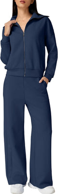 QINSEN Women's Cotton 2 Piece Tracksuit Set - Stylish Zip Sweatshirt
