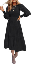 ZESICA Women's Casual Long Sleeve Smocked Midi Dress - Flowy Everyday