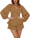 LYANER Women's Lantern Sleeve Ruffle Tie Waist Romper - Flattering