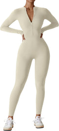 Women Long Sleeve Workout Jumpsuit Zip Up Bodysuit - Skinny Fit