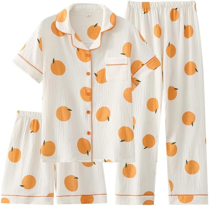Womens 3pcs Cotton Pajamas Set with Cute Fruit Print Design