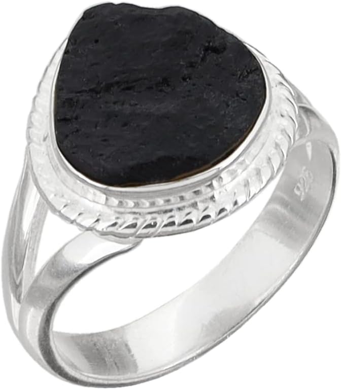 Genuine Raw Black Tourmaline Ring in Silver for October Birthstone