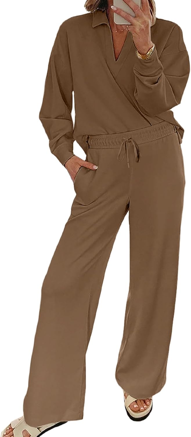 EVALESS Two Piece Sets for Women Lounge Sets Casual V Neck