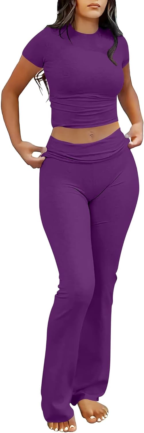 Lounge Sets for Women - 2 Piece Foldover Yoga Flare Leggings