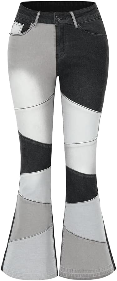 Patchwork Flare Jeans for Women - High Waisted Bell Bottom Style