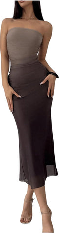 GORGLITTER Mesh Strapless Ruched Bodycon Midi Dress - Flattering Fit