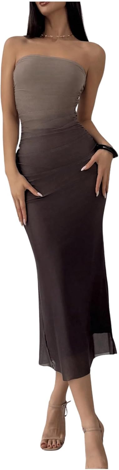 GORGLITTER Women's Strapless Ruched Bodycon Maxi Dress for Events