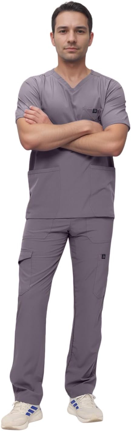 Men's V-Neck Scrub Set with Nine Large Pockets for Comfort