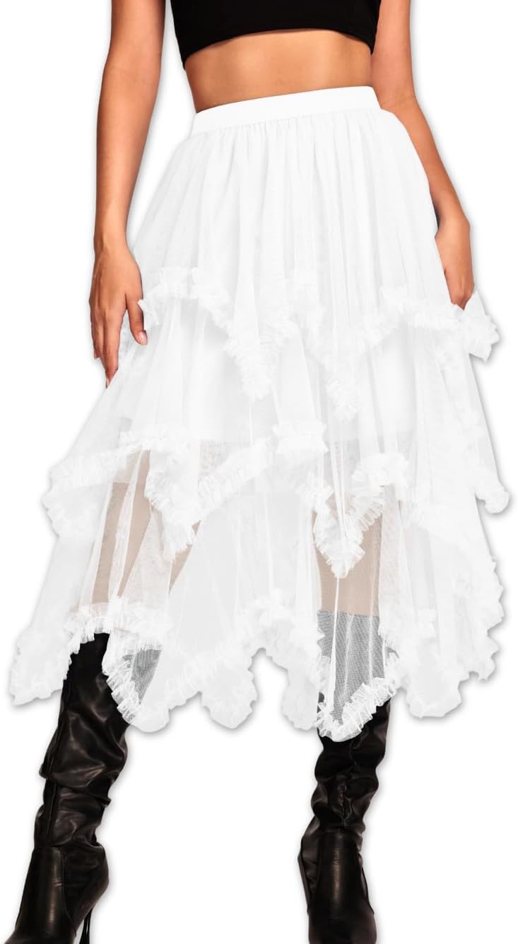 Kaei&Shi Long Tulle Skirt for Women - Asymmetrical Ruffle Style