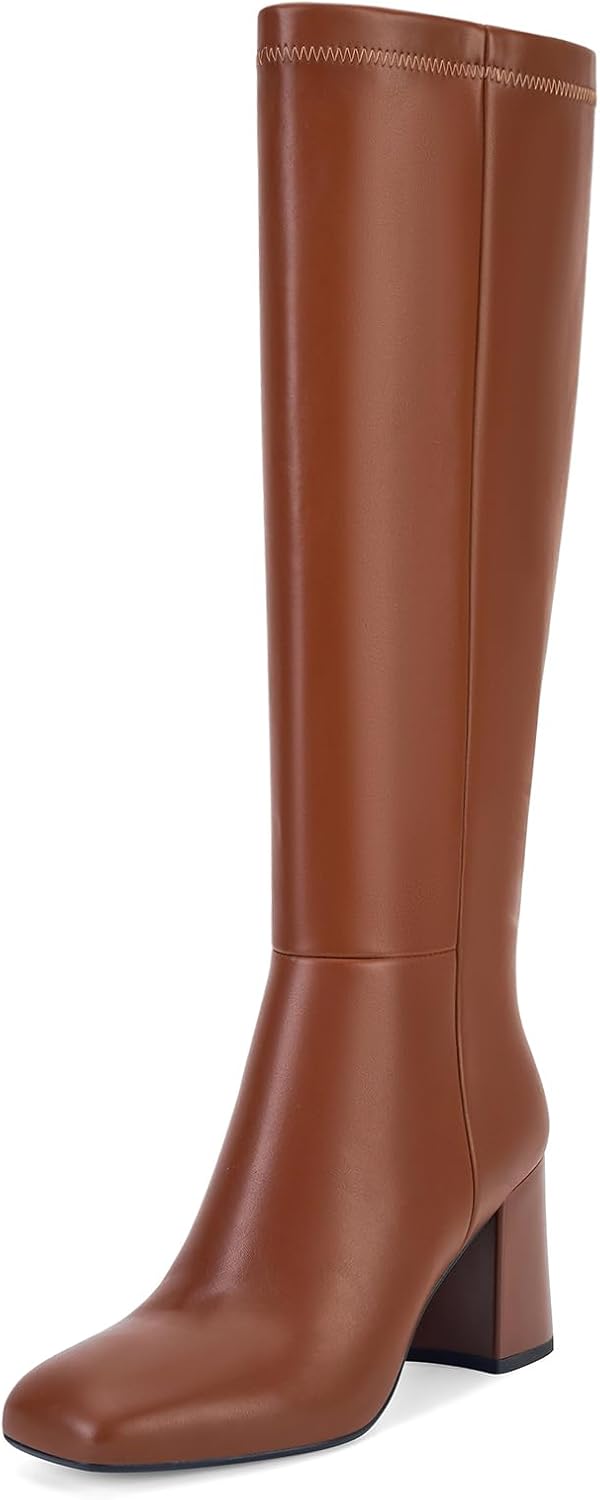 SOVANYOU Women's Faux Leather Tall Boots with Chunky Heel Style