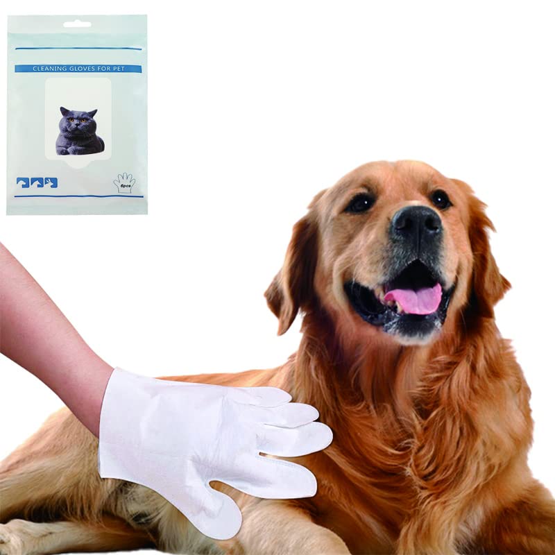 6 Pack Pet Grooming Glove Wipes - No Rinse, Disposable, Cotton, Massage Gloves