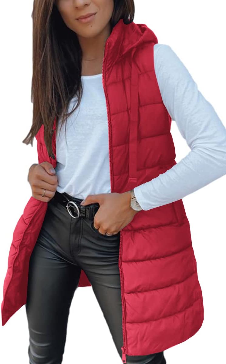 Women Long Vest Solid Color Sleeveless Hood Winter Puffer Vest