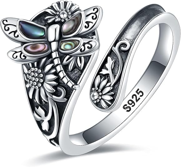 S925-Sterling-Silver Abalone Dragonfly Ring by EJALEN