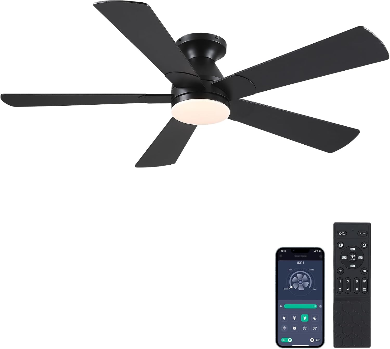 Black Ceiling Fans with Lights - 52In Flush Mount Fan with Remote