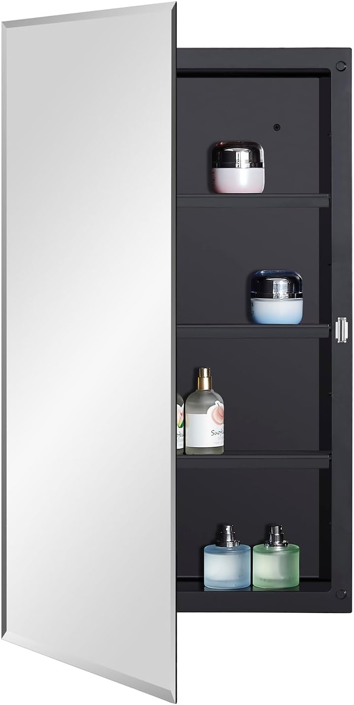 Black Plastic Medicine Mirror Cabinet with Beveled Edge Design